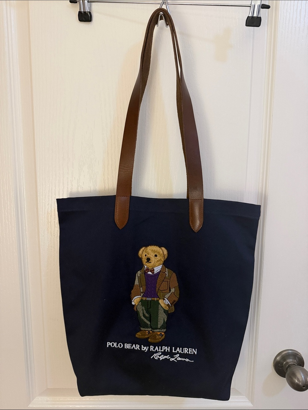 Ralph Lauren Navy Canvas Tote with Polo Bear and Brown genuine Leather Straps - Picture 2 of 5